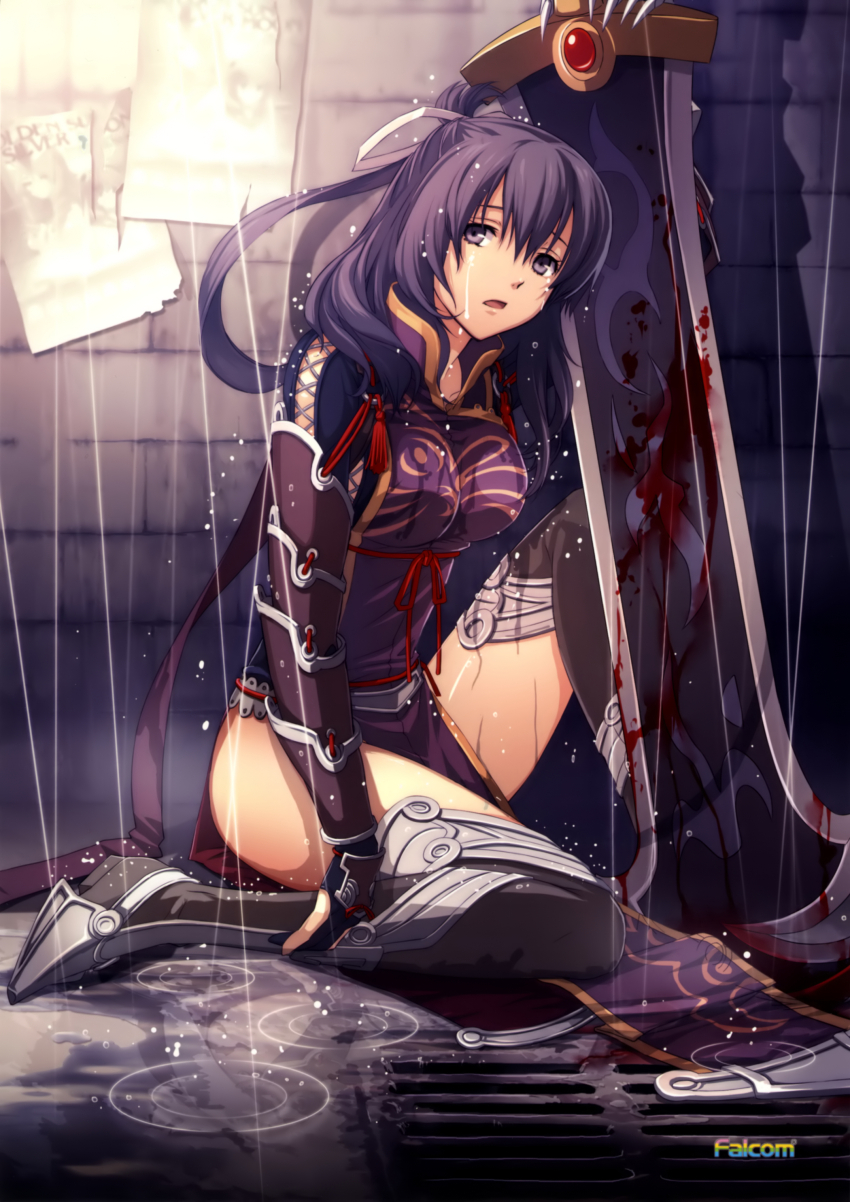 1girl absurdres ao_no_kiseki black_thighhighs blood bloody_weapon boots china_dress chinese_clothes company_name dress eiyuu_densetsu enami_katsumi falcom full_body gloves greatsword grey_eyes hair_ribbon half_updo hand_on_hilt highres medium_hair official_art purple_eyes purple_hair rain ribbon rixia_mao short_hair solo sword tabard tears thighhighs weapon white_ribbon