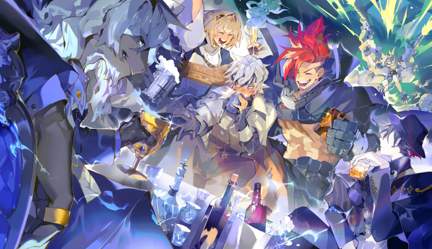 3girls 4boys :d abs absurdres alchemy_stars alcohol armor beard black_headwear bottle candle chalice cheering clenched_hand cup dark-skinned_male dark_skin drinking facial_hair gauntlets glint grey_hair gun hat highres istvan_(alchemy_stars) jona_(alchemy_stars) kleken_(alchemy_stars) long_hair long_sleeves mcmclunar_(kaz) multiple_boys multiple_girls muscular navigator_(alchemy_stars) noah_(alchemy_stars) open_mouth red_hair short_hair sinsa_(alchemy_stars) smile spiked_hair vice_(alchemy_stars) weapon whiskey wine_bottle