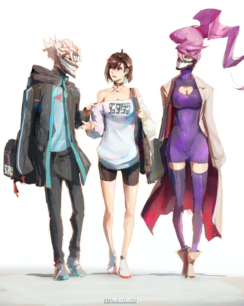 1boy 1girl 2girls absurdres acrobatic_silky_(dandadan) alternate_form artist_name ayase_momo brown_hair coat dandadan facial_mark glasses highres jacket mask mouth_mask multiple_girls pink_hair round_eyewear shiratori_aira_(dandadan) signature simple_background stephengiannart takakura_ken_(dandadan) takakura_ken_(transformed)_(dandadan) transformation white_hair