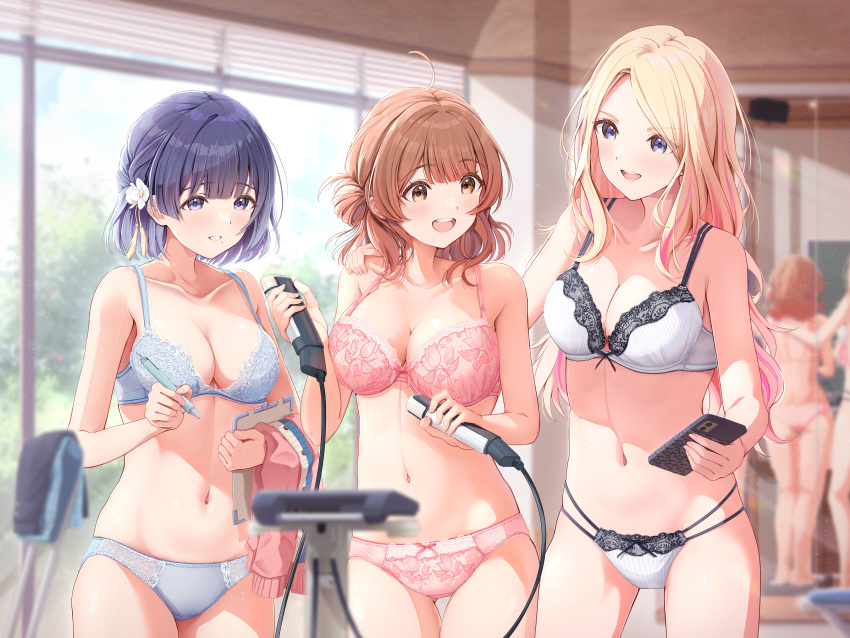 3girls absurdres blonde_hair blue_bra blue_panties blush bra breasts brown_hair cellphone cleavage clipboard collarbone commentary_request fujinomiya_rio gakuen_idolmaster hanami_ume hataya_misuzu highres holding holding_clipboard holding_phone idolmaster indoors juo_sena large_breasts linea_alba lingerie medium_breasts mirror multiple_girls navel panties phone pink_bra pink_panties purple_hair reflection ribbon-trimmed_bra ribbon-trimmed_panties ribbon_trim smile stomach underwear underwear_only white_bra white_panties