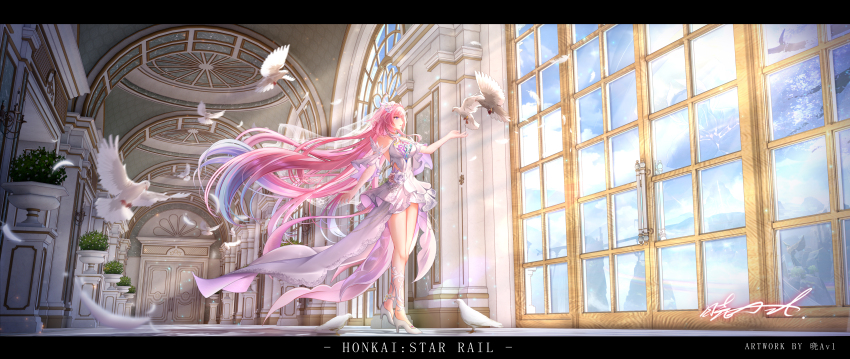 1girl absurdres artist_name bare_shoulders bird breasts bridal_veil chinese_commentary commentary_request cyrene_(honkai:_star_rail) cyrene_(ripples_of_past_reverie)_(honkai:_star_rail) dove dress falling_feathers feathers gxws highres honkai:_star_rail honkai_(series) indoors large_breasts letterboxed pink_hair purple_eyes purple_hair solo veil white_dress