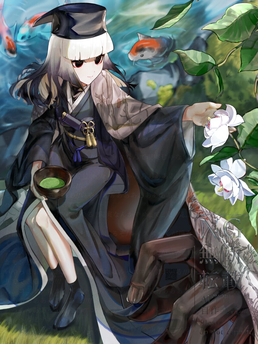 1girl absurdres black_eyes black_hair black_hat black_kimono blunt_bangs chajinbou cup disembodied_hand fate/grand_order fate_(series) flower ghost_hands giant_hand gradient_hair grey_hair hat highres huo_ting japanese_clothes kimono koi long_sleeves medium_hair multicolored_hair obi outdoors sash sen_no_rikyu_(fate) sen_no_rikyu_(second_ascension)_(fate) sitting smile solid_eyes solo tassel wide_sleeves yunomi