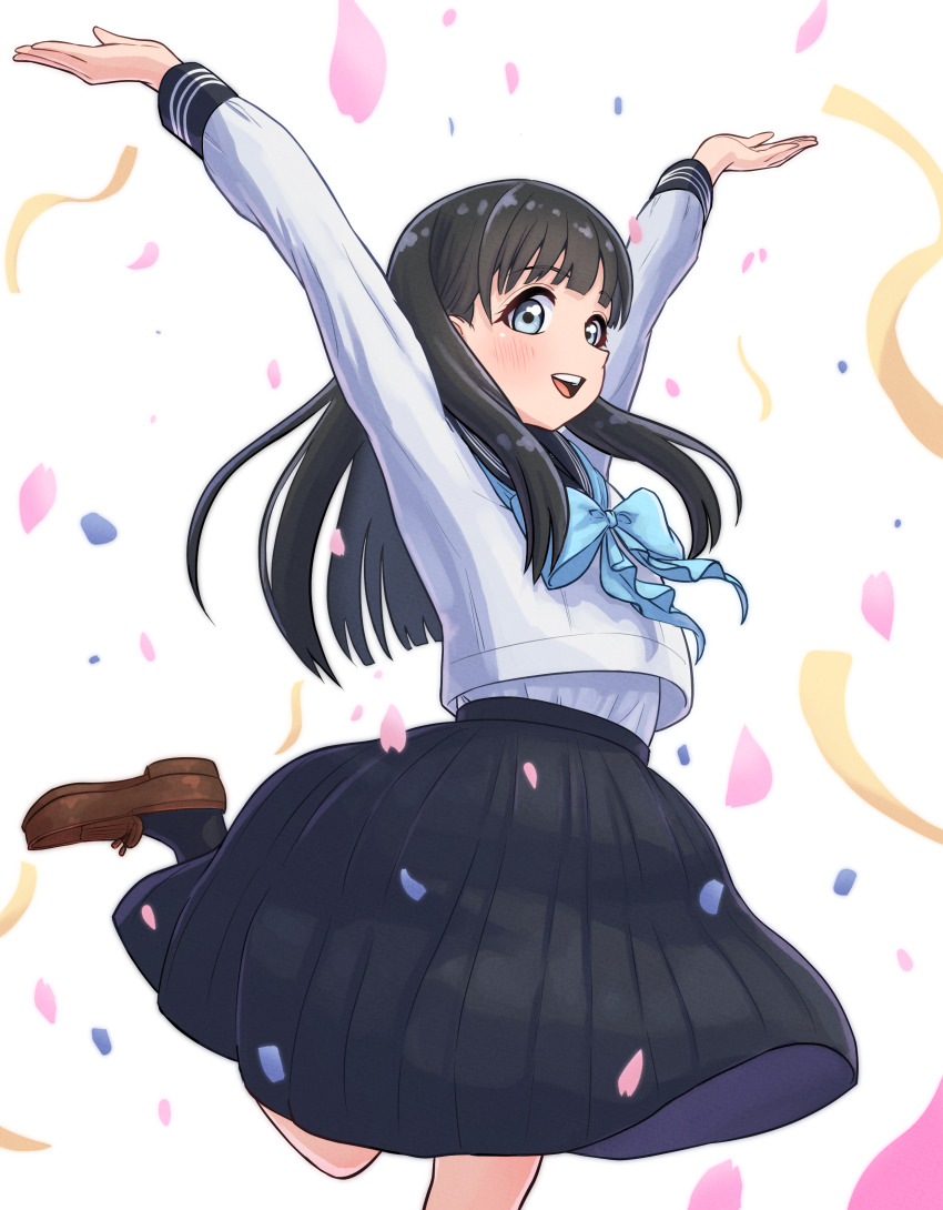 1girl absurdres akebi-chan_no_serafuku akebi_komichi black_hair blue_bow blue_eyes blue_sailor_collar blue_skirt bow confetti excited falling_petals highres kakikakuka kneehighs loafers long_hair outstretched_arms petals roubai_academy_school_uniform_(old) sailor_collar school_uniform serafuku shoes skirt smile socks standing standing_on_one_leg undershirt white_background