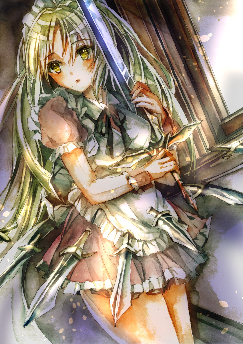 1girl absurdres apron black_ribbon collared_shirt frilled_apron frilled_skirt frilled_sleeves frills grey_hair highres indoors kamu_kotan knife long_hair looking_at_viewer maid maid_headdress neck_ribbon open_mouth puffy_short_sleeves puffy_sleeves ribbon shirt short_sleeves skirt solo throwing_knife touhou touhou_(pc-98) weapon white_apron yellow_eyes yumeko_(touhou)