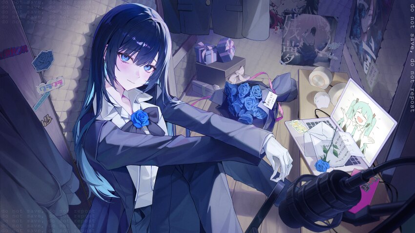 1girl absurdres acoustic_foam ado_(utaite) atashi_wa_mondaisaku black_bow black_bowtie black_flower black_pants black_rose blue_eyes blue_flower blue_hair blue_rose blush bouquet bow bowtie brooch chando_(ado) closed_mouth closet coat collared_shirt commentary_request computer dignity_(ado) dress_shirt flower flower_brooch gift ha-chan_(ado) hatsune_miku highres himawari_(ado) korean_commentary kura_kura_(ado) kyougen_(ado) laptop letter long_hair long_sleeves looking_at_viewer microphone mirror_(ado) mole mole_under_eye myao_(myaodayone) odo_(song) one_piece one_piece_film:_red open_clothes open_coat pants pop_filter rose second-party_source shirt sidelocks sitting solo speaker translation_request uta_(one_piece) utaite value_(ado) vocaloid white_shirt yukue_shirezu_(ado) zanmu_(ado)
