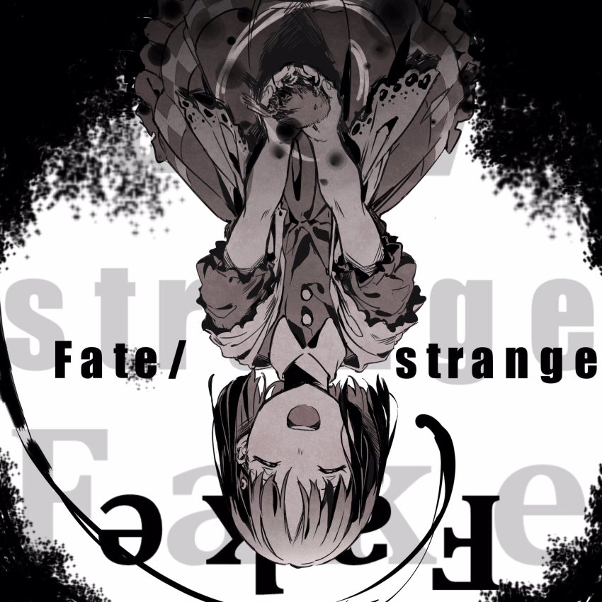 1girl closed_eyes copyright_name cupping_hands fate/strange_fake fate_(series) high_contrast highres kuruoka_tsubaki laughing own_hands_together pale_rider_(fate) redoxhn short_hair sleeping solo_focus swirl upside-down