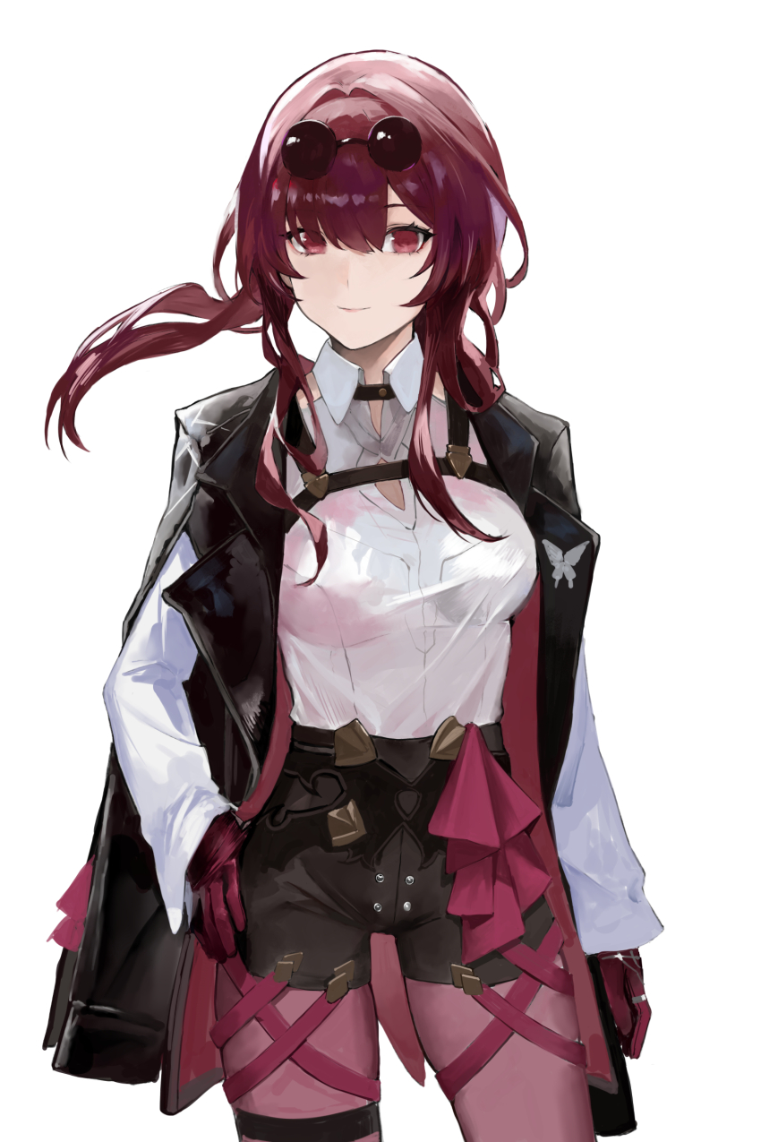 1girl absurdres black_jacket breasts chest_harness collared_shirt commentary_request eyewear_on_head glasses gloves harness highres honkai:_star_rail honkai_(series) jacket jacket_on_shoulders kafka_(honkai:_star_rail) long_sleeves looking_at_viewer pantyhose pantyhose_under_shorts pince-nez ponytail purple-tinted_eyewear purple_eyes purple_gloves purple_hair purple_pantyhose round_eyewear s_4ik4 shirt shorts simple_background smile solo sunglasses thigh_strap tinted_eyewear white_background white_shirt