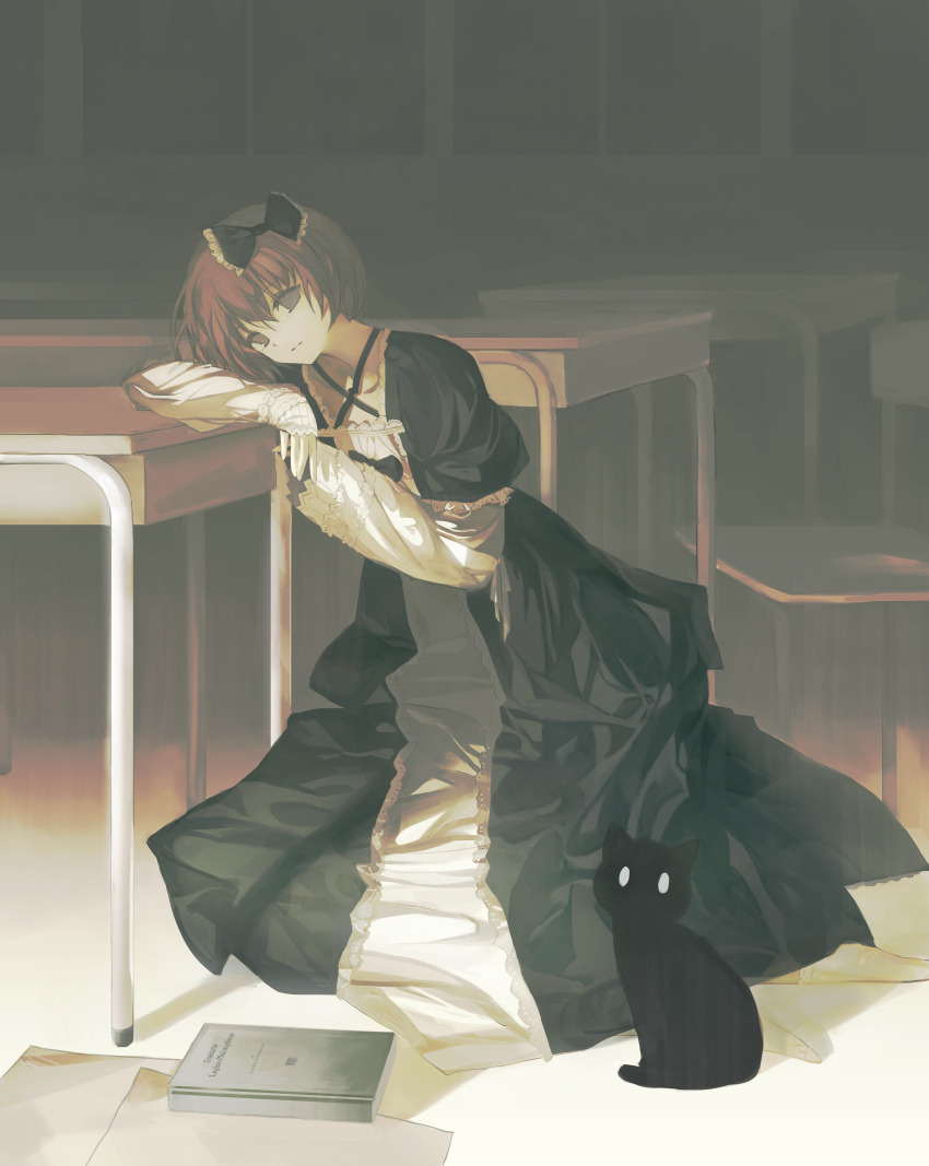 1girl absurdres arm_support black_bow black_cat black_dress black_eyes book bow cat chair classroom dark desk dress empty_eyes flat_chest frilled_bow frills full_body hair_between_eyes hair_bow highres indoors leaning_on_table light_smile long_dress long_sleeves looking_at_viewer monochrome no_pupils otonashi_ayana paper parted_lips puffy_long_sleeves puffy_sleeves red_hair school_chair school_desk short_hair sitting sleeves_past_wrists solo subarashiki_hibi window yuishironeko
