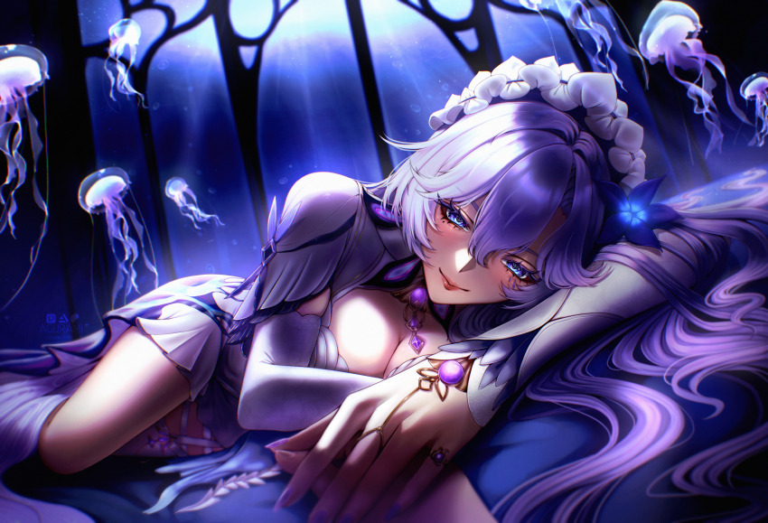 1girl 1other absurdres agurami blue_eyes blue_flower breasts cantarella_(wuthering_waves) closed_mouth commentary dress english_commentary fingernails flower hair_between_eyes hair_flower hair_ornament hand_grab headdress highres indoors jellyfish jewelry large_breasts long_hair looking_at_viewer lying mole mole_under_eye nail_polish on_side purple_hair purple_nails ring shrug_(clothing) smile solo_focus very_long_hair white_dress white_shrug wuthering_waves