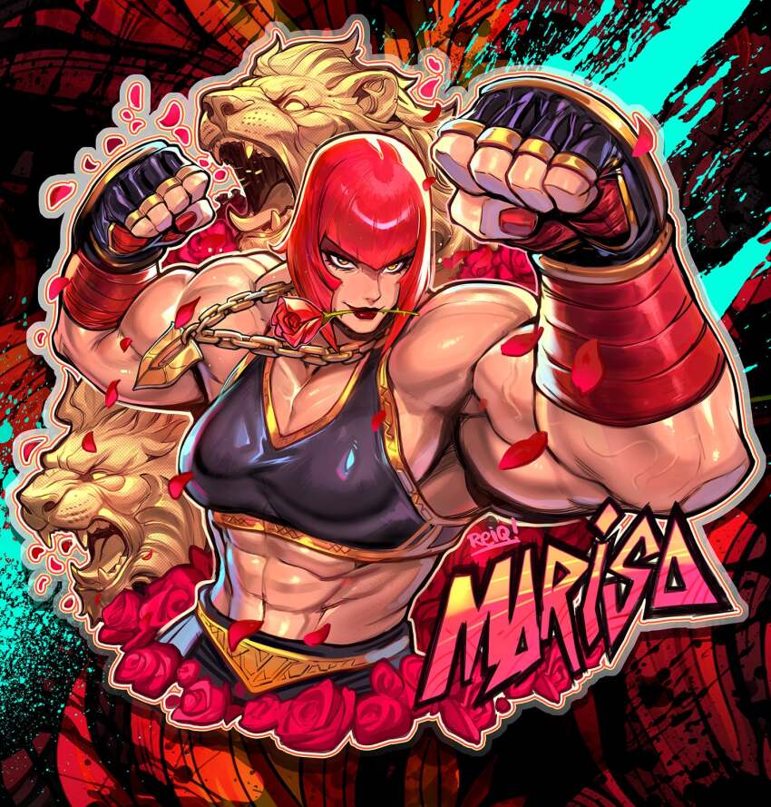 capcom flower highres jewelry lion lipstick makeup marisa_(street_fighter) muscular muscular_female necklace petals reiq rose rose_petals street_fighter street_fighter_6