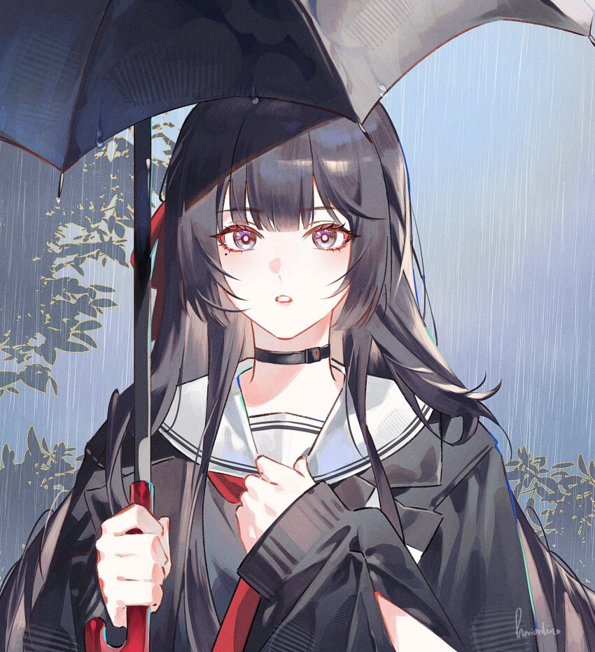 1girl black_choker black_hair black_jacket black_shirt blue_eyes chisa_(wuthering_waves) choker commentary english_commentary highres holding holding_umbrella horionline jacket long_hair long_sleeves looking_at_viewer mole mole_under_mouth neckerchief open_clothes open_jacket outdoors parted_bangs rain red_neckerchief sailor_collar school_uniform serafuku shirt signature solo tree umbrella upper_body white_sailor_collar wuthering_waves