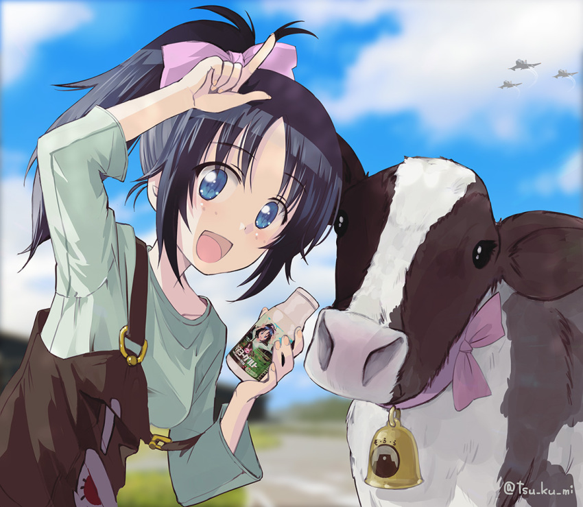 1girl :d aircraft airplane bell black_overalls blue_eyes blue_hair blue_sky blurry blurry_background bottle bow cloud cloudy_sky commentary cow day depth_of_field emblem fighter_jet freckles girls_und_panzer green_shirt hair_bow holding holding_bottle japanese_tankery_league_(emblem) long_hair long_sleeves looking_at_viewer medium_hair military military_vehicle milk_bottle official_alternate_costume open_mouth outdoors overalls pointing pointing_up ponytail purple_bow rabbit shirt sky smile solo standing strap_slip t-shirt twitter_username yamagou_ayumi yurikuta_tsukumi