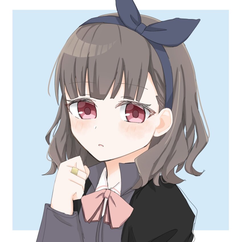 1girl arm_at_side assault_lily black_bow black_hair black_hairband black_jacket blue_background blush border bow bow_hairband bowtie collared_shirt commentary hair_bow hairband hand_up highres jacket jewelry kuroki_francisca_yuria long_sleeves looking_at_viewer ludvico_private_girls&#039;_academy_school_uniform medium_hair outside_border parted_lips pink_bow pink_bowtie portrait red_eyes ring sana_(hs_yp1) school_uniform shirt simple_background solo white_border white_shirt