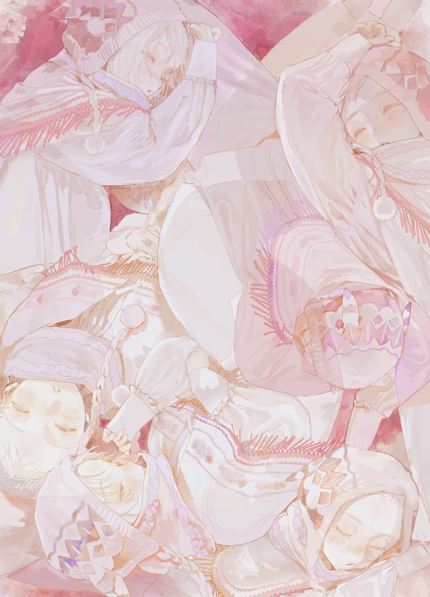 6+others beanie child closed_eyes earflap_beanie frilled_sleeves frills fringe_trim hat hat_with_ears highres koume_5656 limited_palette medium_hair multiple_others original other_focus pale_color pink_theme puffy_sleeves shawl short_hair sleeping