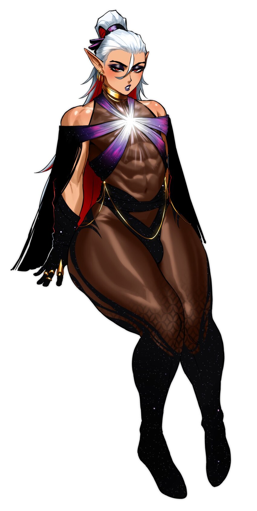 1boy abs absurdres black_eyeshadow black_lips bodystocking bulge colored_inner_hair covered_navel earrings eyeshadow full_body glowing_clothes gold_earrings gold_ring half-closed_eyes highres invisible_chair jewelry lipstick long_hair long_pointy_ears makeup male_focus multicolored_hair multiple_earrings multiple_rings nova_(sotcho) original parted_lips pointy_ears red_eyes red_hair ring sitting solo sotcho space_print star_(sky) starry_sky_print thick_thighs thighs trap two-tone_hair white_hair