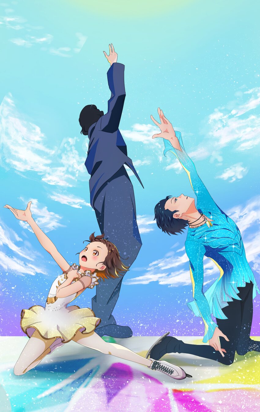 1girl 2boys absurdres black_hair brown_hair figure_skating hanyuu_yuzuru highres medalist_(manga) multiple_boys whlte_dress yonezu_kenshi_(person) yuitsuka_inori