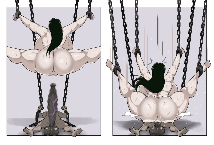 1boy 1girl ass backboob battle_tendency black_hair breasts chain chained completely_nude gigantic_breasts highres huge_ass huge_penis huge_testicles interracial jojo_no_kimyou_na_bouken large_testicles lisa_lisa long_hair nude penis pulpawoelbo restrained simple_background slave testicles vaginal veins veiny_penis