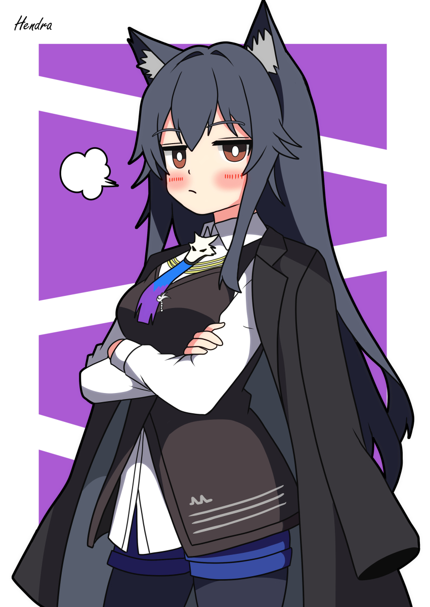 1girl absurdres animal_ear_fluff animal_ears arknights black_hair black_jacket black_pantyhose black_vest blue_necktie blue_shorts blush border breasts bright_pupils brown_eyes commentary_request crossed_arms frown hendra highres jacket jacket_on_shoulders large_breasts long_hair looking_at_viewer necktie pantyhose pantyhose_under_shorts purple_background shirt shorts sidelocks simple_background solo texas_(arknights) texas_the_omertosa_(arknights) vest visible_air white_background white_pupils white_shirt wolf_ears