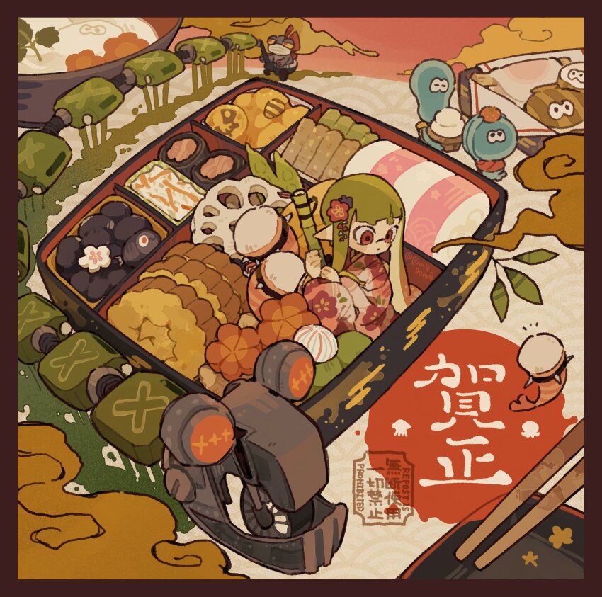 1girl artist_name bamboozler_14_(splatoon) blue_flower blunt_bangs blush_stickers border chopsticks closed_mouth commentary_request datemaki_(food) dot_mouth flower food food_on_head fruit full_body golden_egg_(splatoon) gradient_hair green_hair hair_flower hair_ornament highres holding holding_food holding_weapon in_food inkling inkling_girl inkling_player_character japanese_clothes jelleton jellyfish_(splatoon) kagami_mochi kamaboko kimono long_hair long_sleeves lotus_root_slice mandarin_orange mini_person minigirl multicolored_hair new_year nintendo object_on_head osechi p0m4_p0m4 pink_kimono pointy_ears red_border red_eyes red_flower red_hair salmon_run_(splatoon) salmonid shrimp sitting splatoon_(series) splatoon_3 splatoon_3:_side_order steel_eel_(splatoon) swarming_languendo tentacle_hair twintails two-tone_hair watermark weapon wide_sleeves