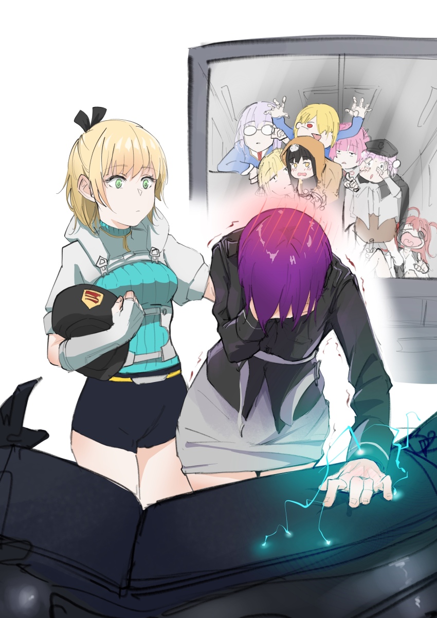 2girls 6+girls absurdres aikawa_megumi asakura_karen_(heaven_burns_red) asami_makiko_(heaven_burns_red) blonde_hair blush breasts danch331 electricity green_eyes hand_on_another&#039;s_back heaven_burns_red highres izumi_yuki_(heaven_burns_red) kayamori_ruka kunimi_tama multiple_girls nanase_nanami_(heaven_burns_red) pencil_skirt purple_hair shirakawa_yuina short_hair skirt team_31a_(heaven_burns_red) tezuka_saki toujou_tsukasa white_background yuri