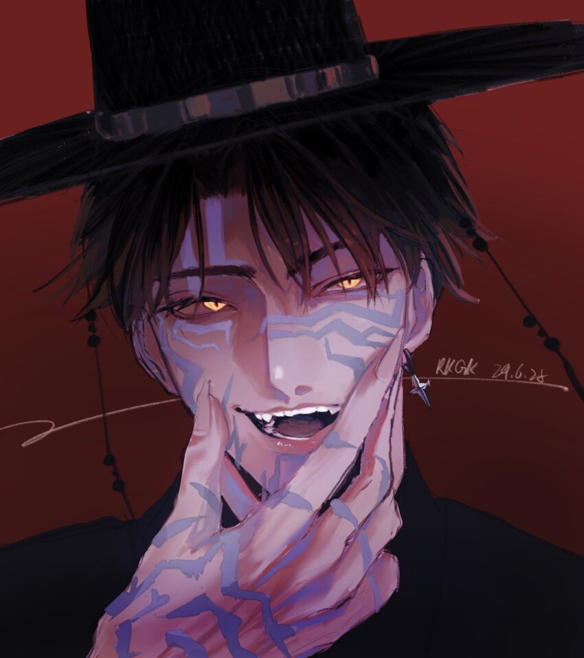 1boy :d black_hair black_hanbok demon earrings fadinbot_wry gat_(hat) gatkkeun glowing glowing_eyes hanbok hat highres jewelry jinu_(kpop_demon_hunters) korean_clothes korean_traditional_hat kpop_demon_hunters lips male_focus open_mouth red_background short_hair single_earring slit_pupils smile solo teeth upper_body yellow_eyes