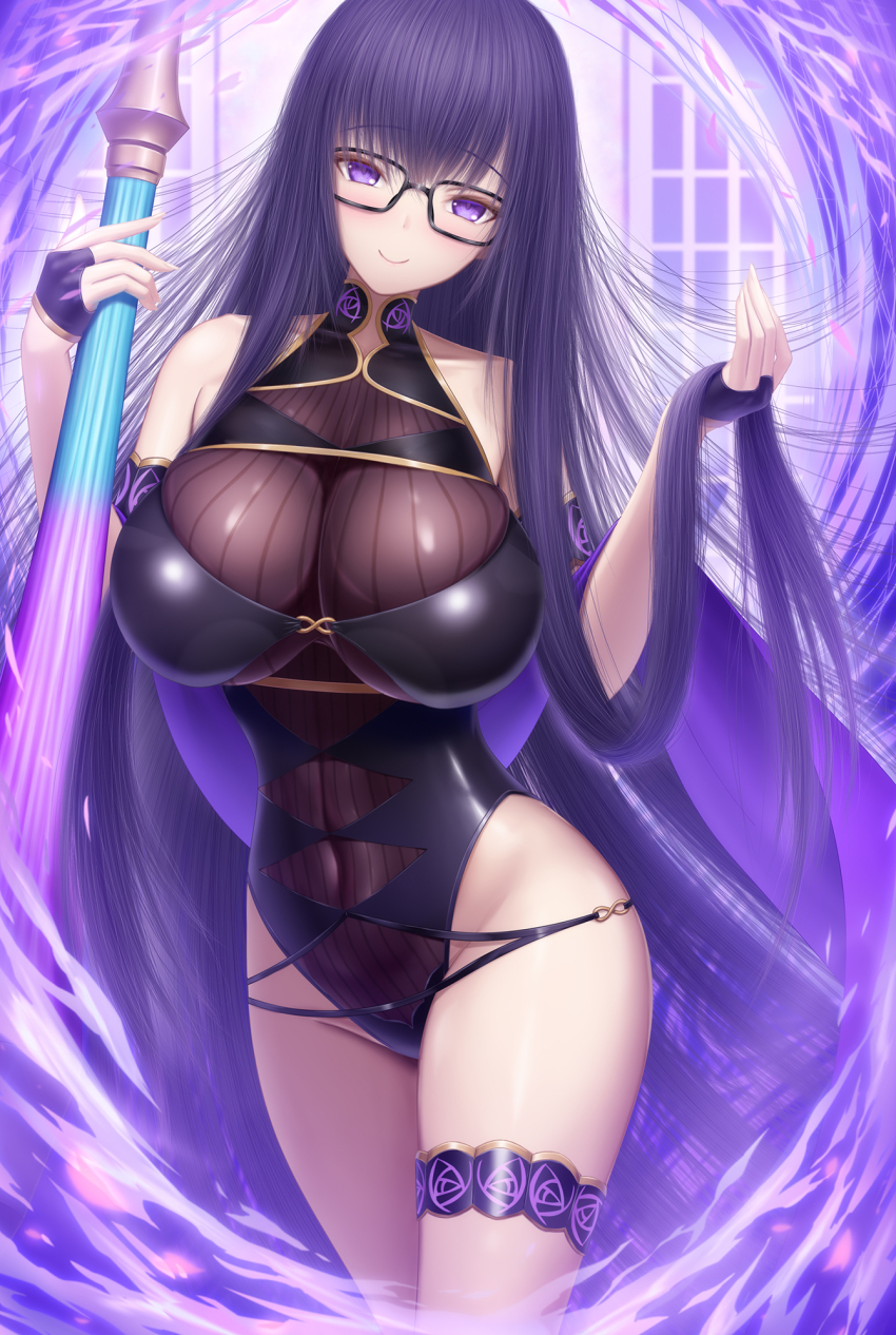 1girl armlet bare_shoulders black_one-piece_swimsuit blush breasts fate/grand_order fate_(series) gold_trim highleg highleg_one-piece_swimsuit highres jewelry large_breasts long_hair looking_at_viewer masatoki murasaki_shikibu_(fate) murasaki_shikibu_(swimsuit_rider)_(fate) murasaki_shikibu_(swimsuit_rider)_(first_ascension)_(fate) one-piece_swimsuit purple_eyes purple_hair smile solo swimsuit