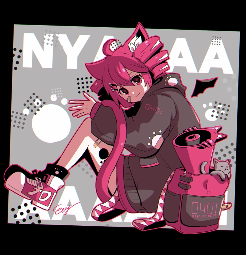 1girl ahoge animal_ears backpack bag bat_wings belt black_jacket cat cat_ears cat_tail detached_wings double-parted_bangs drill_hair english_text grey_background hair_between_eyes hand_up jacket kasane_neko_(haru57928031) kasane_teto kasane_teto_(sv) looking_at_viewer megaphone multicolored_shoes np_eny official_alternate_costume paw_print paw_print_background print_background print_jacket red_belt red_eyes red_hair red_shoes shoes sitting smile sneakers synthesizer_v tail twin_drills two-tone_shoes utau white_shoes wings