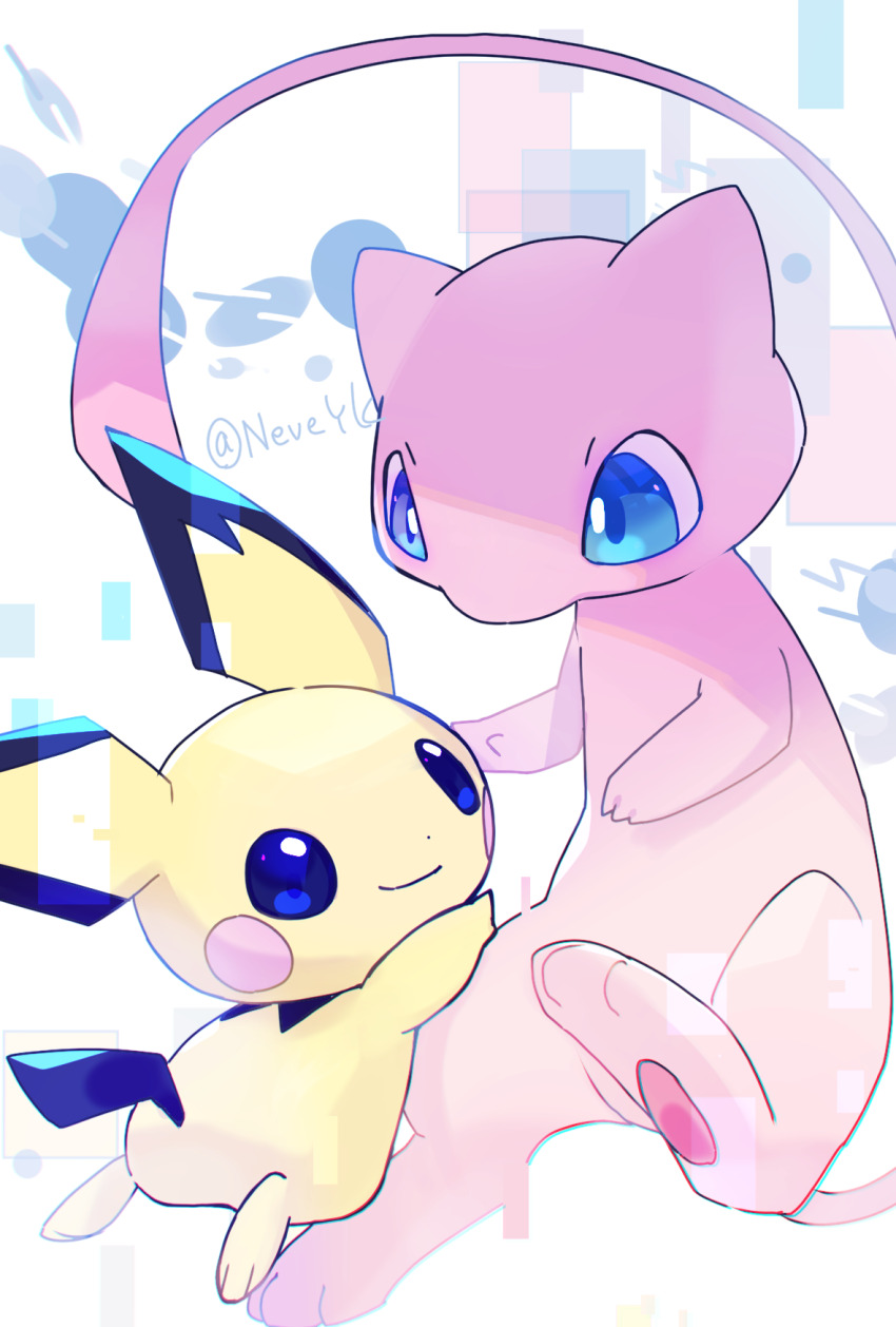 blue_eyes closed_mouth feet gen_1_pokemon gen_2_pokemon highres legendary_pokemon looking_down looking_up mew_(pokemon) mythical_pokemon nintendo no_humans pawpads pichu pokemon pokemon_(creature) smile tail twitter_username yutopia_(neveyk)