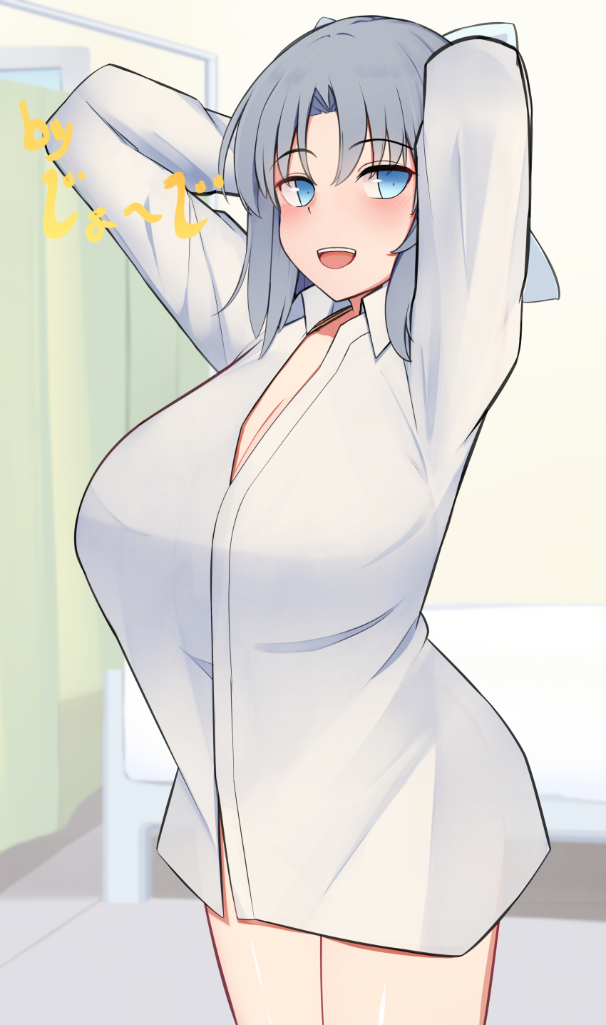 1girl absurdres arms_up artist_request bedroom blue_eyes blush bow breasts cleavage curtains day george_(pixiv7099078) grey_hair hair_bow highres indoors large_breasts looking_at_viewer medium_hair naked_shirt open_mouth senran_kagura shirt smile solo thighs window yumi_(senran_kagura)