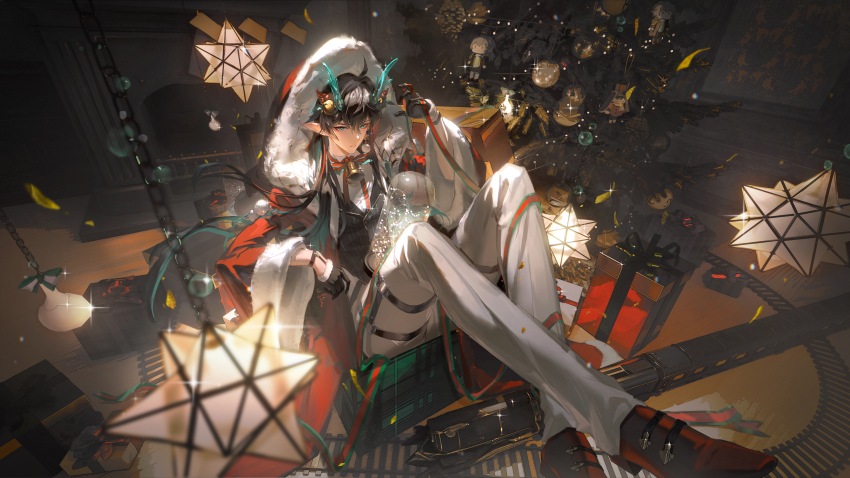 1boy absurdres aqua_eyes aqua_hair bell black_hair black_vest box caelus_(honkai:_star_rail) character_doll christmas christmas_ornaments christmas_tree coat dan_heng_(honkai:_star_rail) dan_heng_(imbibitor_lunae)_(honkai:_star_rail) dragon_boy dragon_horns eastern_dragon_horns eyeliner fur-trimmed_coat fur-trimmed_gloves fur_trim gift gift_box gloves hair_between_eyes half_gloves hand_up highres honkai:_star_rail honkai_(series) horns jingle_bell long_hair long_sleeves makeup male_focus multicolored_hair neck_bell pants parted_lips pointy_ears red_coat red_eyeliner red_ribbon red_shoes ribbon santa_costume shirt shoes sitting solo stelle_(honkai:_star_rail) thigh_strap toy toy_train trailblazer_(honkai:_star_rail) vest white_pants white_shirt yunmaojan