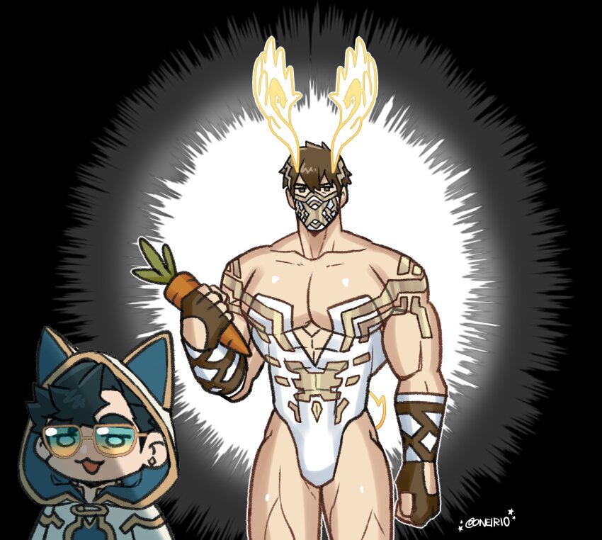 2boys abs absurdres antlers bara brown_hair carrot cloak ear_piercing eikthyrnir_(fire_emblem) fingerless_gloves fire_emblem fire_emblem_heroes food gloves glowing highres holding holding_carrot hood hooded_cloak horns kiran_(fire_emblem) male_kiran_(fire_emblem) large_pectorals leotard male_focus mask masked mouth_mask multiple_boys muscular muscular_male nintendo oneirio pectorals piercing shiny_skin short_hair sunglasses thighs twitter_username vegetable