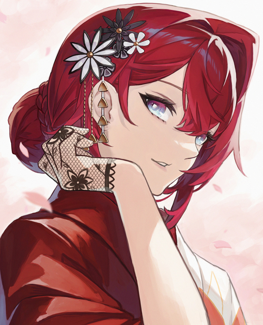 1girl a-er_(akkij0358) ange_katrina ange_katrina_(new_year) black_gloves blue_eyes bun_with_braided_base eyelashes falling_petals fishnet_gloves fishnets floral_print flower gloves gradient_eyes hair_behind_ear hair_between_eyes hair_flower hair_intakes hair_ornament half_gloves hand_up highres japanese_clothes kimono lace lace_gloves light_smile long_bangs looking_at_viewer multicolored_eyes nijisanji petals pink_background pink_petals portrait purple_eyes red_hair red_kimono round_eyewear solo virtual_youtuber white_kimono