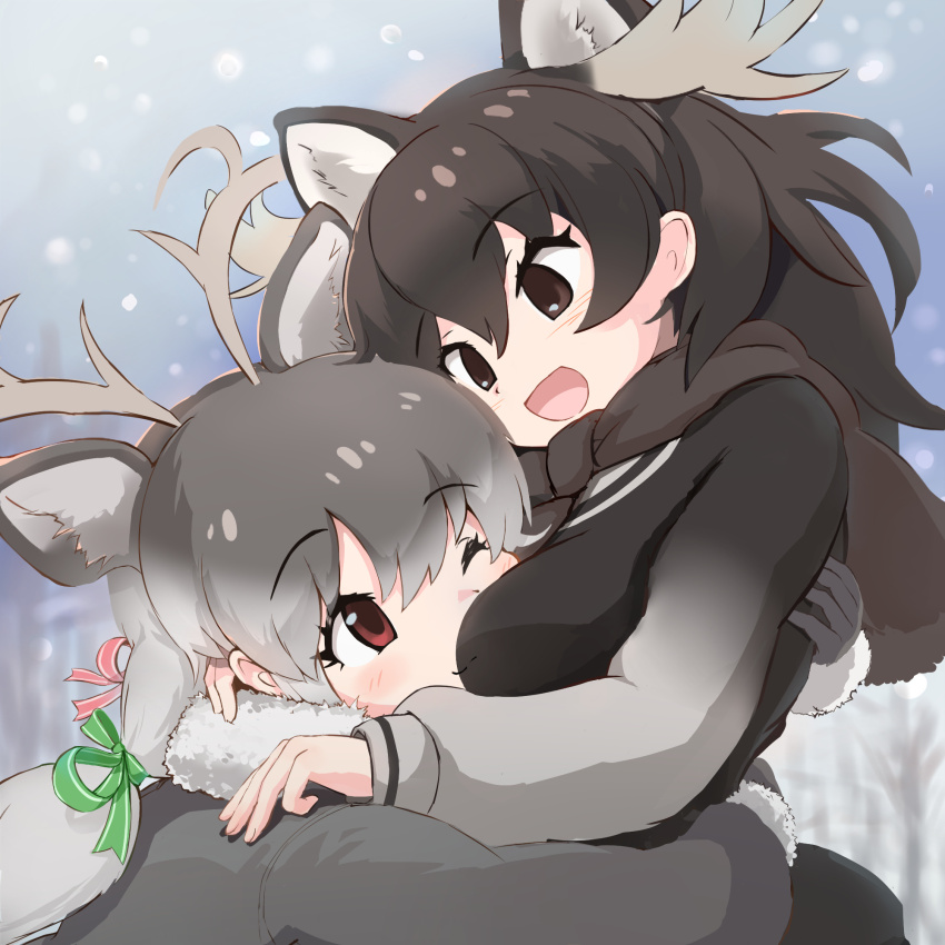 2girls animal_ears antlers blush bow brown_eyes brown_hair brown_scarf brown_sweater coat deer_tail extra_ears fur_collar fur_trim gloves green_bow grey_coat grey_gloves grey_hair hair_between_eyes hair_bow height_difference highres horns hug kemono_friends koutsuu_(koutuukanseikan) long_hair moose_(kemono_friends) moose_antlers moose_ears moose_girl multiple_girls one_eye_closed open_mouth red_bow red_eyes reindeer_(kemono_friends) reindeer_antlers reindeer_girl scarf sidelocks smile snow snowing sweater tail twintails upper_body white_fur