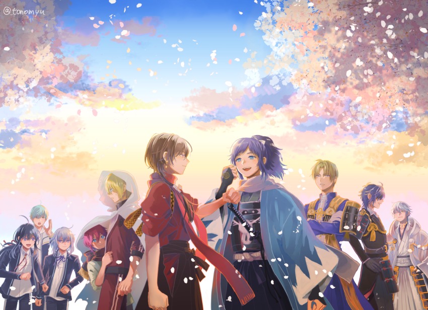 10s 6+boys ahoge aqua_hair armor bad_id bad_pixiv_id black_gloves black_hair blonde_hair blue_eyes bridal_gauntlets brown_hair cherry_blossoms crossed_arms gloves hakama hakama_skirt hand_on_own_hip haori heshikiri_hasebe honebami_toushirou hood ichigo_hitofuri japanese_armor japanese_clothes kashuu_kiyomitsu male_focus mole mole_under_eye multiple_boys namazuo_toushirou open_mouth petals ponytail purple_eyes red_eyes red_hair scarf shinano_toushirou shinsengumi shokudaikiri_mitsutada shoulder_armor skirt smile sode tonogaya touken_ranbu touken_ranbu:_hanamaru tsurumaru_kuninaga white_gloves white_hair yamanbagiri_kunihiro yamato-no-kami_yasusada yellow_eyes