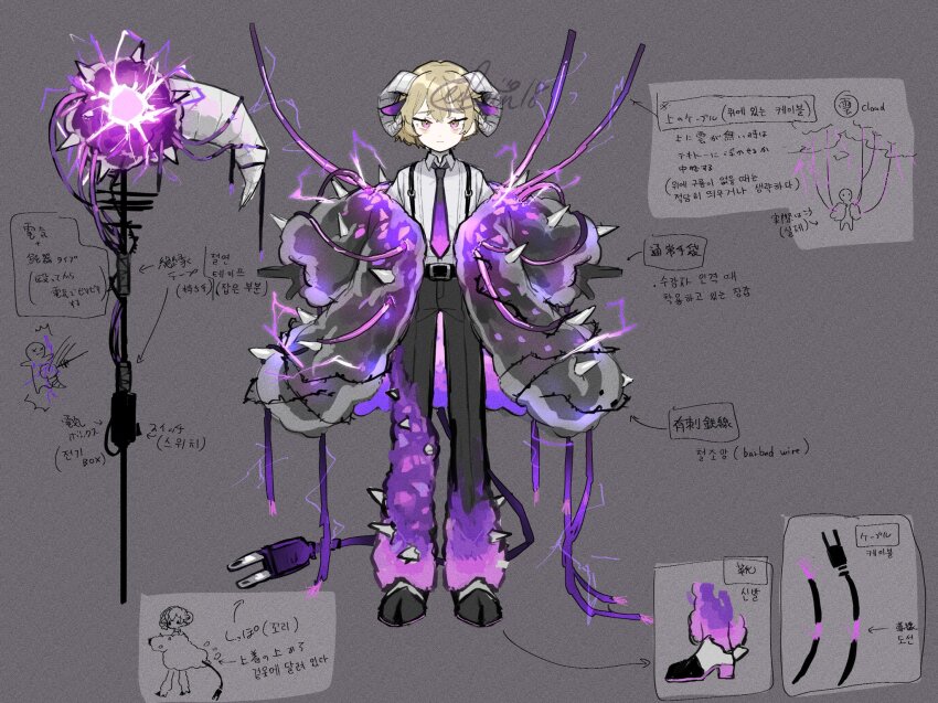 1boy barbed_wire black_pants blonde_hair cable cable_tail reference_sheet coat collared_shirt e.g.o_(project_moon) electric_screaming_(e.g.o) full_body grey_background grey_coat highres hooves horns limbus_company looking_at_viewer mechanical_tail pants project_moon purple_coat scythe sheep_horns shirt simple_background sinclair_(project_moon) solo tail upi_(ukn18pkanother) white_shirt yellow_eyes