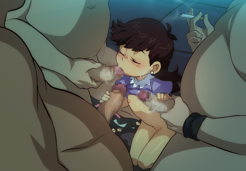 1girl 3boys age_difference aged_down antenna_hair blush bottomless brown_hair censored cigarette closed_eyes clothes_lift commentary double_handjob earrings english_commentary fat fat_man fellatio fingernails flat_chest freckles from_above group_sex hair_behind_ear handjob hetero holding holding_cigarette jcm2 jewelry kneeling loli long_hair luna_loud mosaic_censoring multiple_boys nipples oral penis precum puffy_short_sleeves puffy_sleeves purple_shirt raised_eyebrows saliva shirt shirt_lift short_sleeves sitting smoke solo_focus stud_earrings sweat swept_bangs the_loud_house u_u