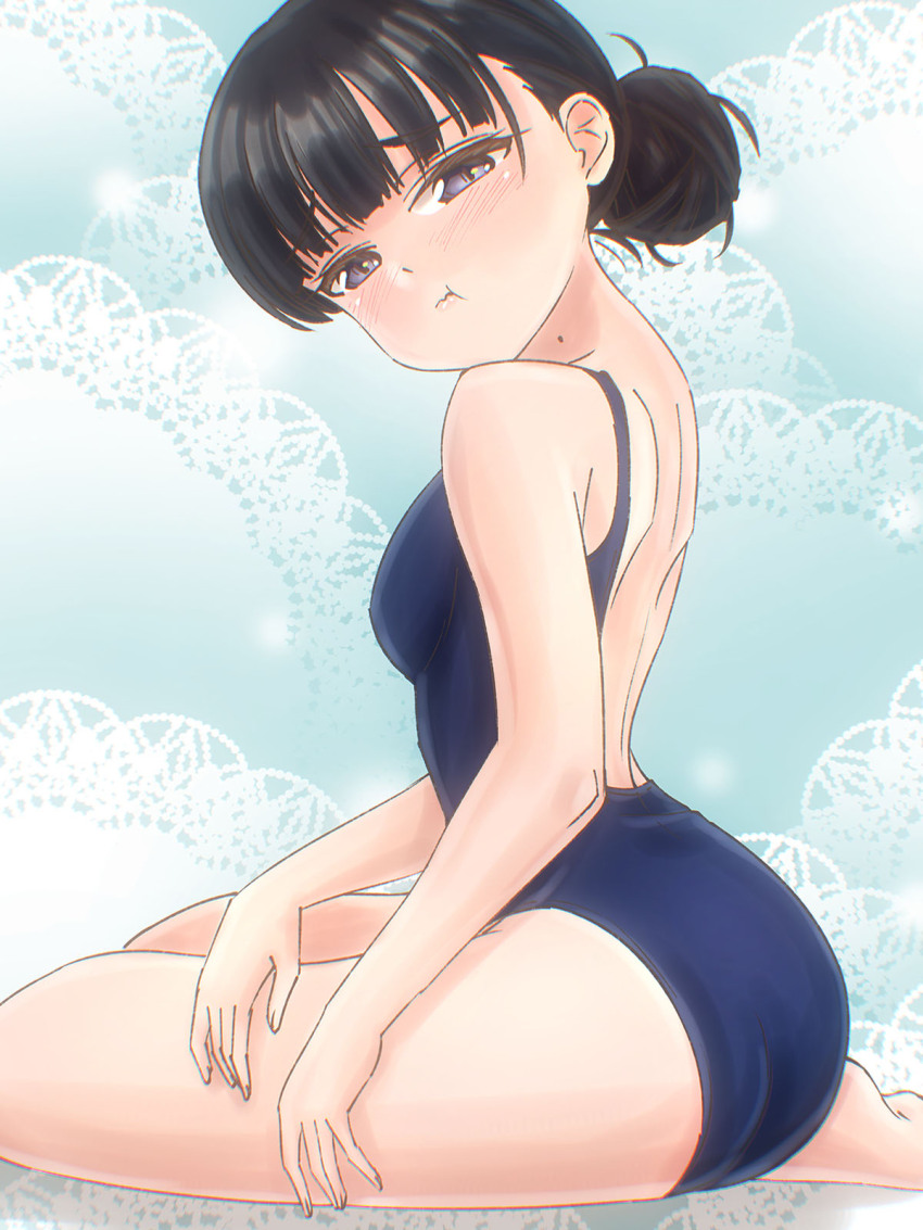 1girl ass back back_focus basori_tiara black_hair blue_one-piece_swimsuit breasts highres looking_at_viewer make_heroine_ga_oo_sugiru! mole mole_on_neck oekaki_lemon one-piece_swimsuit pout school_swimsuit sitting small_breasts swimsuit