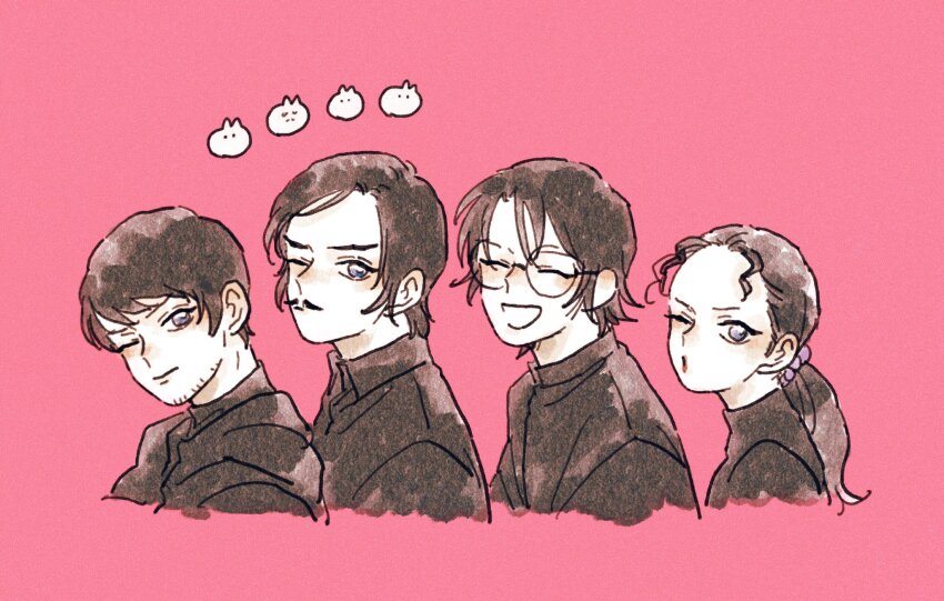 1girl 3boys ^_^ bad_id bad_twitter_id beard_stubble blue_eyes brothers character_request closed_eyes facial_hair glasses highres looking_at_viewer meitantei_conan mizunashi_rena morofushi_takaaki multiple_boys mustache nanteiiyoru one_eye_closed pink_background ponytail red_lips scotch_(meitantei_conan) siblings simple_background stubble upper_body