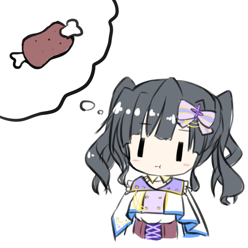 1girl :t black_hair blush boned_meat bow brown_corset capelet commentary corset cropped_torso food getsuyoshi hair_bow highres idol idol_clothes imagining itsumura_yukari meat medium_hair purple_bow re:stage! simple_background sketch solo striped_bow twintails upper_body white_background white_capelet |_|