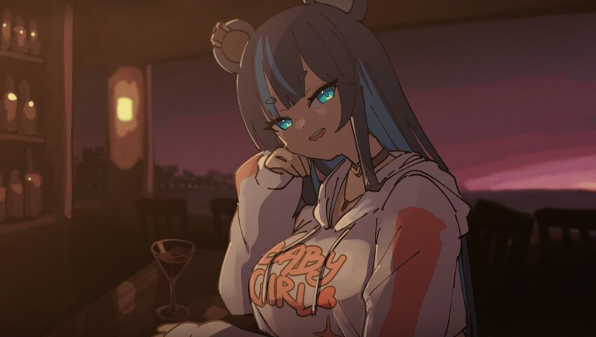 1girl animal_ears bar_(place) bear_ears bear_girl black_choker black_hair blue_eyes blue_hair breasts choker clothes_writing cocktail_glass colored_inner_hair cup drink drinking_glass earrings fujikura_uruka heart heart_choker highres hood hood_down hoodie jewelry long_hair long_sleeves looking_at_viewer lyrinne multicolored_hair necklace open_mouth phase_connect solo streaked_hair teeth upper_body upper_teeth_only virtual_youtuber white_hoodie
