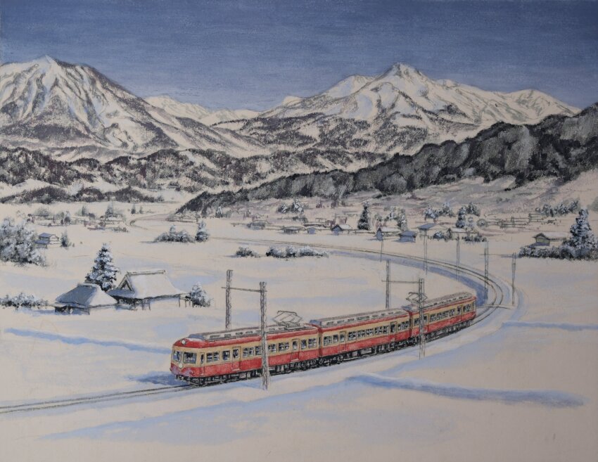 absurdres blue_sky building day highres house mountain mountainous_horizon no_humans original pantograph pine_tree scenery sky snow tanamachi_yoshihiro town train tree