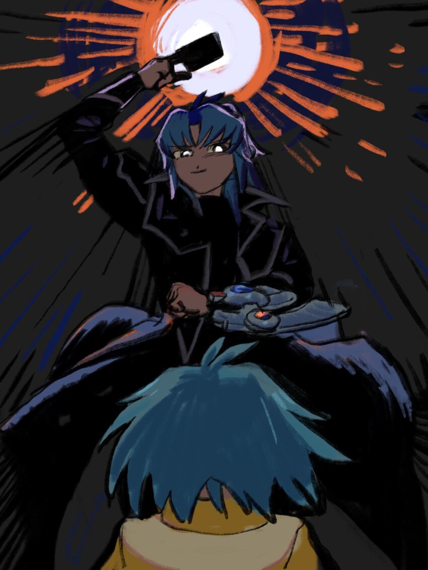 black_jacket blue_hair card duel_academy_uniform_(yu-gi-oh!_gx) duel_disk highres holding holding_card jacket long_coat marufuji_ryo marufuji_sho mochi2onigire smug yellow_jacket yu-gi-oh! yu-gi-oh!_gx