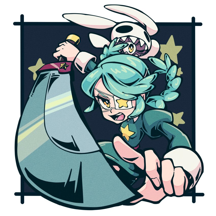 1girl absurdres annie_(skullgirls) border braid bright_pupils eyepatch green_hair highres juliet_sleeves long_sleeves looking_at_viewer onozawa_(buresu21) puffy_sleeves sagan_(skullgirls) skullgirls solo star_(symbol) stuffed_animal stuffed_rabbit stuffed_toy sword twin_braids weapon white_border white_pupils yellow_eyes