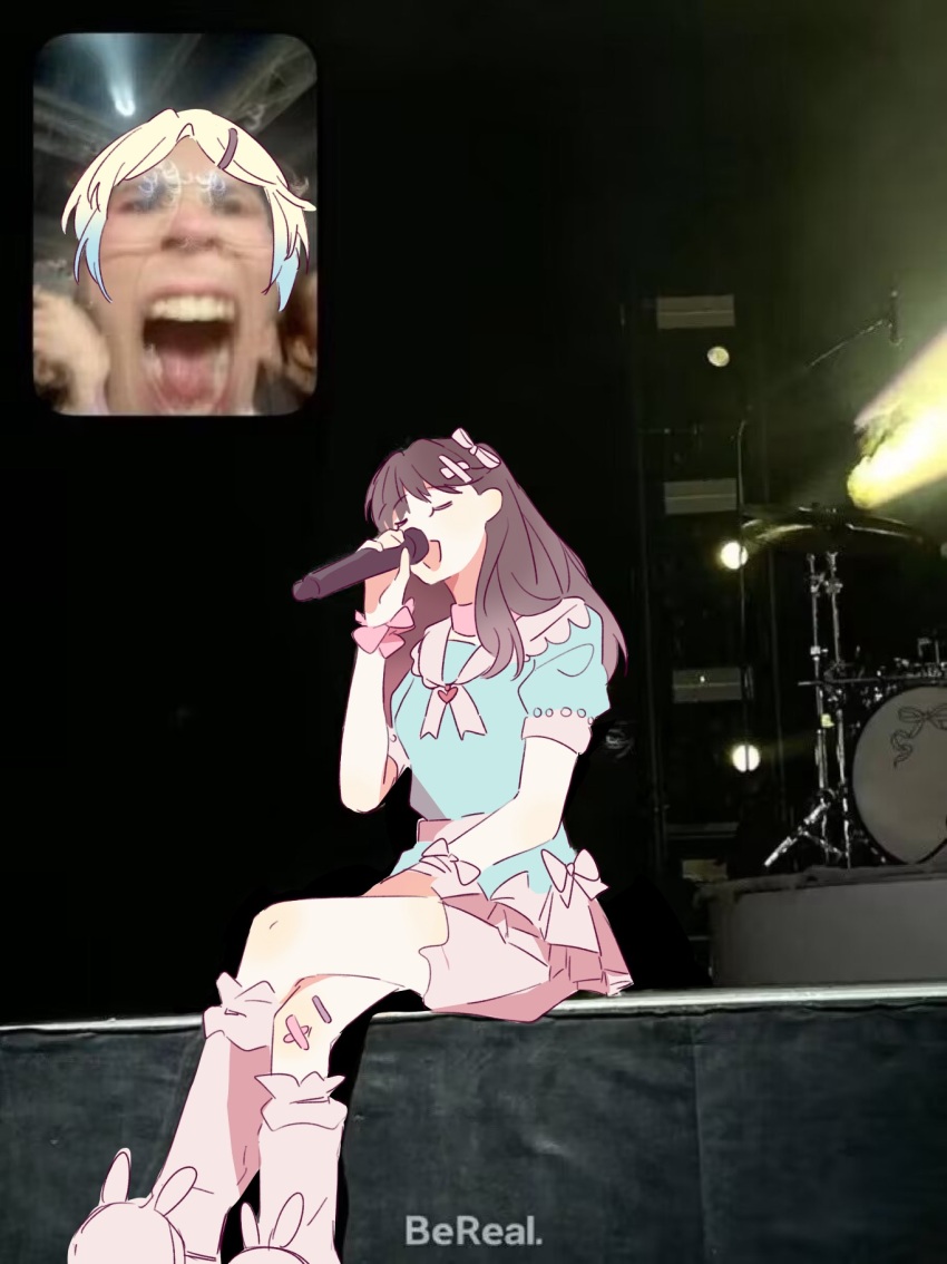 2girls :d animal_slippers bandaid bandaid_hair_ornament bereal blonde_hair blue_dress brown_hair closed_eyes commentary crossed_bandaids crossed_legs dress fan_screaming_at_madison_beer_(meme) fujishima_megumi hair_ornament hakuchu_a_la_mode heart highres holding holding_microphone link!_like!_love_live! long_hair love_live! meme microphone multiple_girls music open_mouth osawa_rurino puffy_short_sleeves puffy_sleeves sailor_collar screenshot_background short_dress short_sleeves shorts shouting singing sitting slippers smile solo_focus symbol-only_commentary two_side_up virtual_youtuber white_sailor_collar white_shorts woodonly