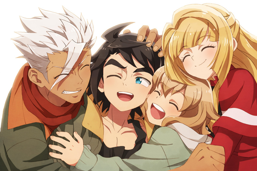 2boys 2girls ahoge atra_mixta black_hair blonde_hair blue_eyes corn_potako dress closed_eyes green_jacket gundam gundam_tekketsu_no_orphans hood hoodie hug jacket kudelia_aina_bernstein long_hair mikazuki_augus multiple_boys multiple_girls orga_itsuka red_dress short_hair silver_hair smile