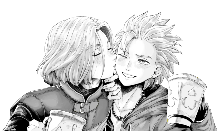 2boys bead_necklace beads blush camus_(dq11) collarbone commentary_request couple cup dragon_quest dragon_quest_xi earrings fingerless_gloves gloves greyscale grin hero_(dq11) highres holding holding_cup jacket jewelry kiss kissing_cheek male_focus medium_hair monochrome multiple_boys necklace one_eye_closed parted_hair short_hair smile spiked_hair tunic upper_body user_muvx7483 yaoi