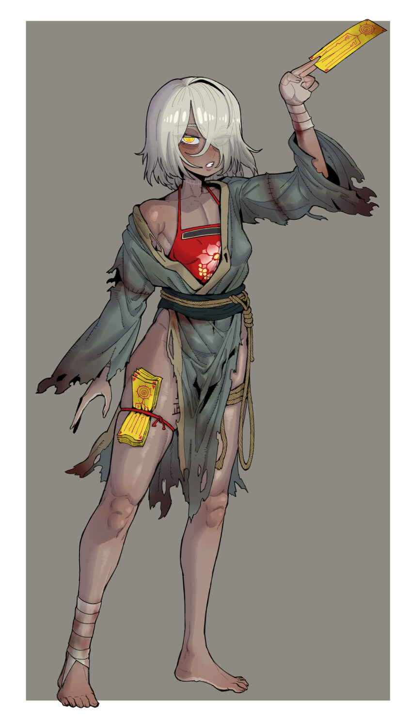 1girl absurdres bandaged_arm bandaged_leg bandages between_fingers blush body_freckles body_writing breasts chinese_clothes chinese_commentary clenched_teeth collarbone commentary_request dark-skinned_female dark_skin dirty dirty_clothes dudou ebonyxh eyes_visible_through_hair flower freckles full_body grey_background hair_over_one_eye highres holding looking_at_viewer lotus lotus_print ofuda ofuda_between_fingers open_mouth original ringed_eyes rope rope_around_waist sash scar scar_on_neck short_hair simple_background small_breasts solaria_(ebonyxh) solo standing tally teeth torn_clothes white_background white_hair yellow_eyes