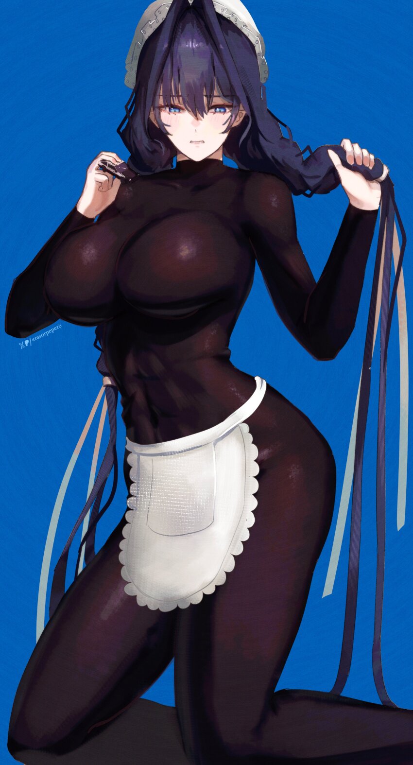 1girl absurdres adapted_costume apron black_bodysuit black_hair blue_background blue_eyes bodysuit braid breasts covered_abs erasorpepero hair_ribbon hat highres hololive hololive_english large_breasts long_hair low_twin_braids maid_apron mob_cap ouro_kronii ouro_kronii_(maid) ribbon solo toned toned_female twin_braids virtual_youtuber white_ribbon