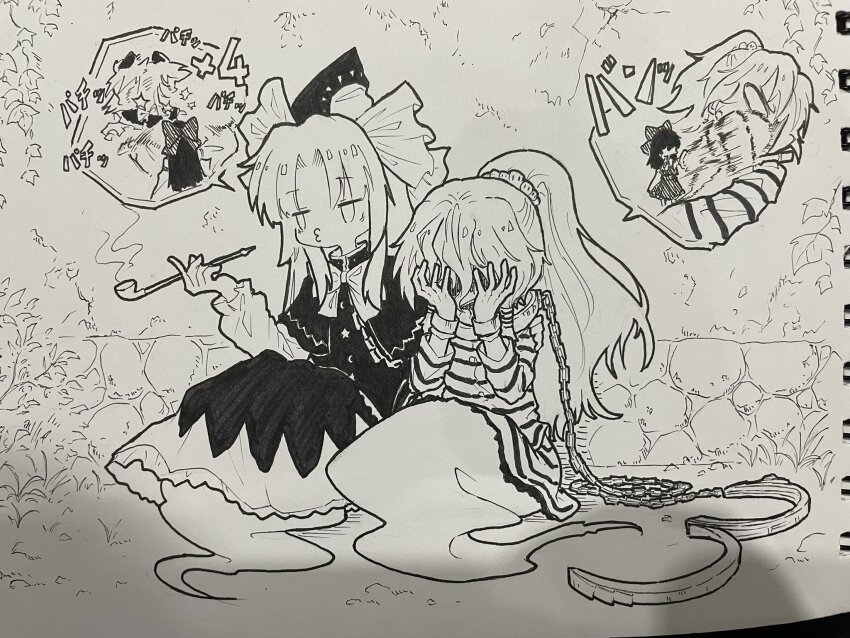 3girls bow bowtie capelet chain commentary_request covering_face cuffs detached_sleeves ghost_tail greyscale hair_bow hair_ornament hakurei_reimu handcuffs hat highres holding holding_smoking_pipe kiseru long_sleeves mima_(touhou) miyadeguchi_mizuchi monochrome multiple_girls open_mouth outdoors photo_(medium) ponytail prison_clothes punching ribbon-trimmed_sleeves ribbon_trim shackles shirt sitting skirt skull_hair_ornament slapping smoking_pipe striped_clothes striped_shirt striped_skirt sun_print suteruko touhou touhou_(pc-98) traditional_media translation_request wizard_hat