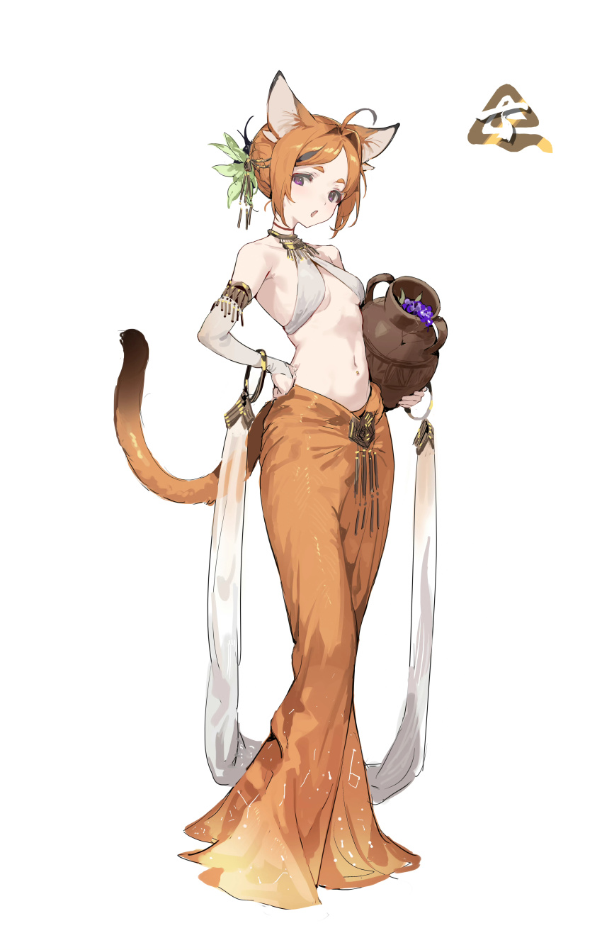 1girl :o absurdres ahoge animal_ears breasts bridal_gauntlets cat_ears cat_tail copyright_request elbow_gloves fang full_body gloves hand_on_own_hip highres holding_jug jug_(bottle) looking_at_viewer multicolored_hair navel orange_hair orange_skirt purple_eyes revealing_clothes shirt shisantian short_hair simple_background skirt small_breasts solo standing stomach streaked_hair tail white_background white_gloves white_shirt